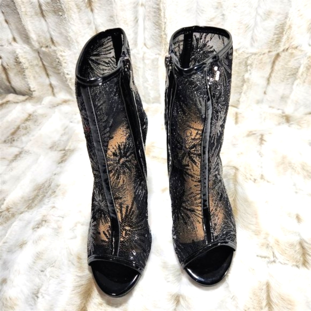 ☆ Mack J Black Mesh Starburst Sequin High Heel Ankle Boots - Picture 9 of 12